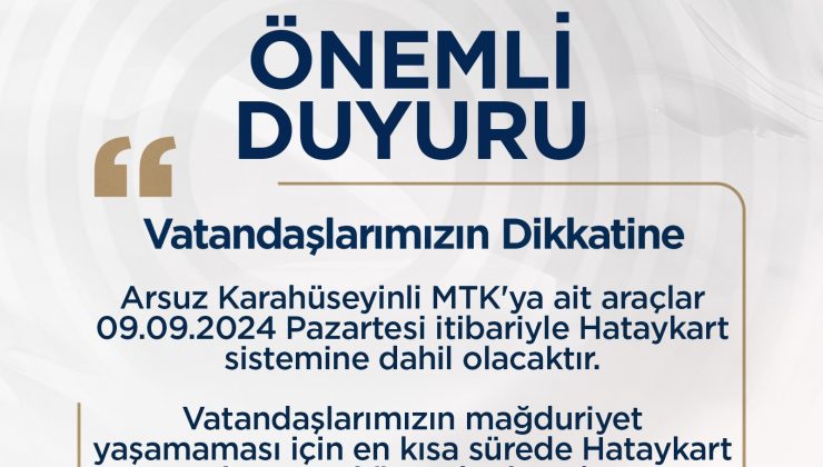 HATAYKART ARTIK ARSUZ’DA DA KULLANILABİLECEK