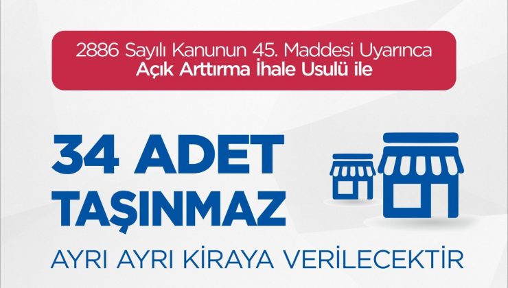 ANTAKYA BELEDİYESİ, MÜLKİYETİNDE BULUNAN 34 TAŞINMAZI AÇIK ARTIRMA İHALE USULÜ İLE KİRAYA VERECEK